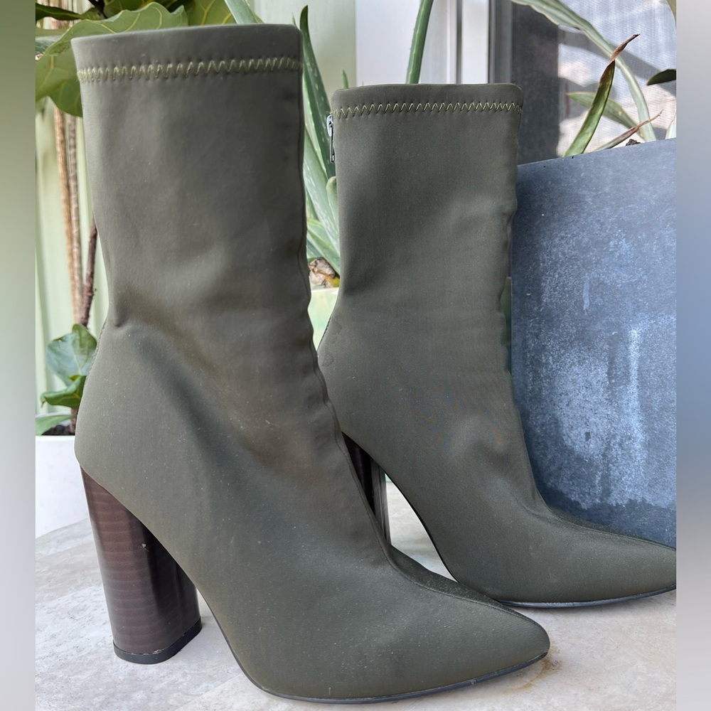 Olive Green Sock Boot Heel Size 7